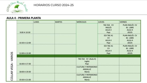 Horario curso 2024-2025 CEPER Elena Martín Vivaldi en Cúllar Vega